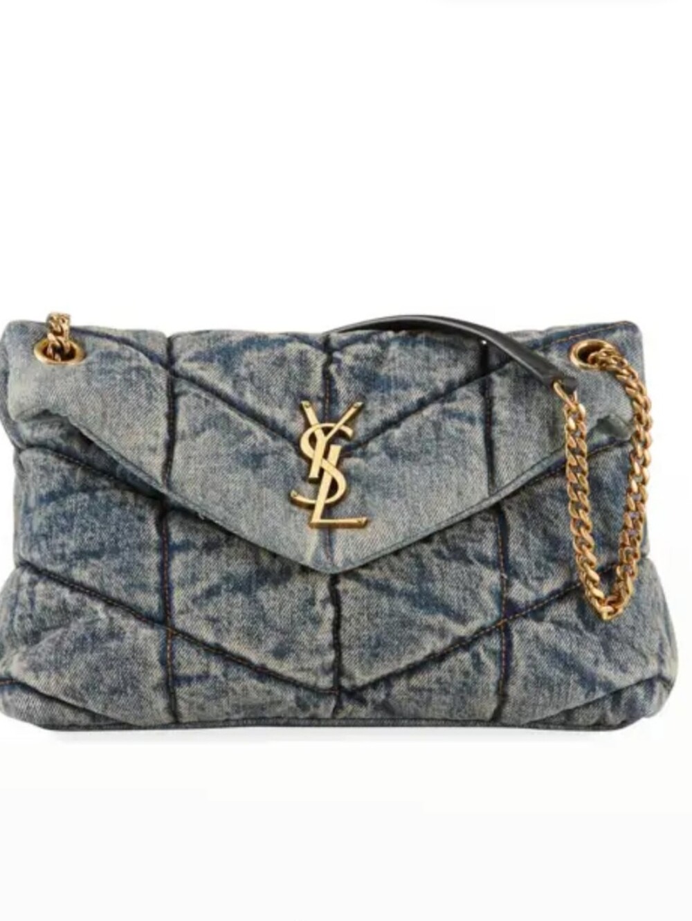 Designer Denim Toy Puffer Large Crossbody Light Blue Chain Bag w/gold Tone Rodeo